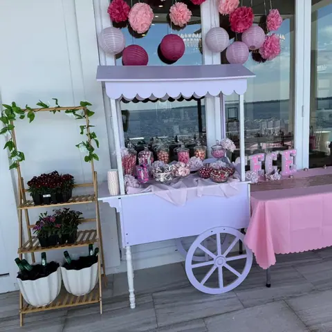 White candy cart styled in pink with flowers